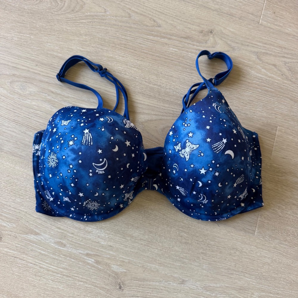 Victorias Secret PINK Wear Everywhere T-Shirt Bra 32DD Blue Celestial Galaxy